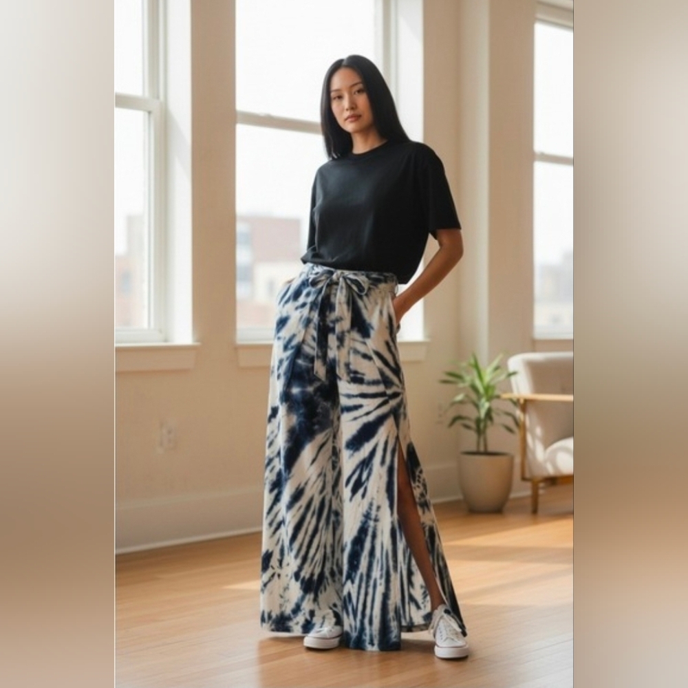 Young Fabulous & Broke Fauna Tie Dye Split Leg Pants Tie Waist, Palazzo Size L